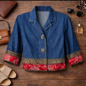 Vtg Nina Piccalino Sz 6 Boho Denim Crop Jacket Leopard Oriental 3/4 Sleeve USA